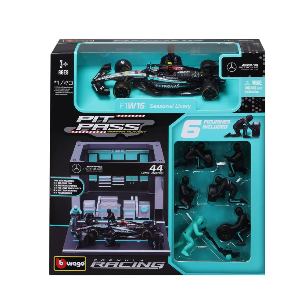 W14 DIORAMA GARAGE PIT-STOP TEAM MERCEDES 2024 WITH CREW FIGURE AND ACCESSORIES